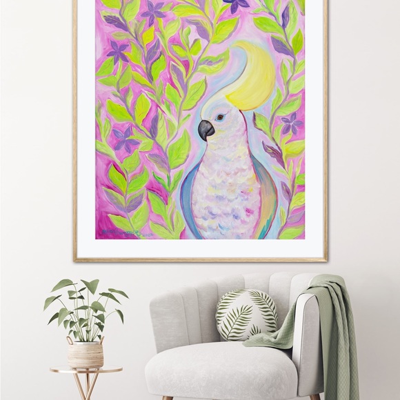 Cockatoo Hairdo Art Print Oil Painting tropical bird plants flowers whimsical - Picture 3 of 10
